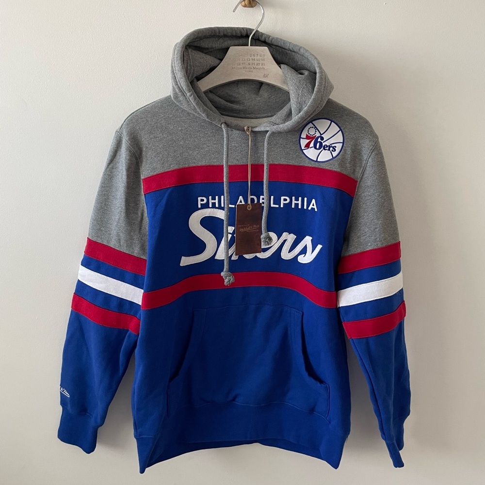 NEW Mitchell & Ness 76ers Head Coach Hoodie Sweatshirt Men’s M Blue Red White